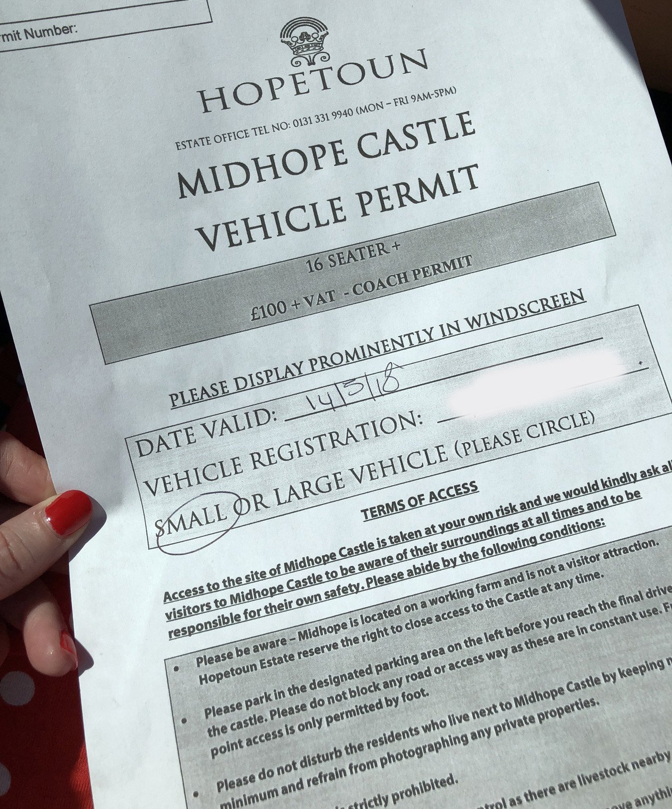 visiting Outlander's Lallybroch: Midhope Castle vehicle permit
