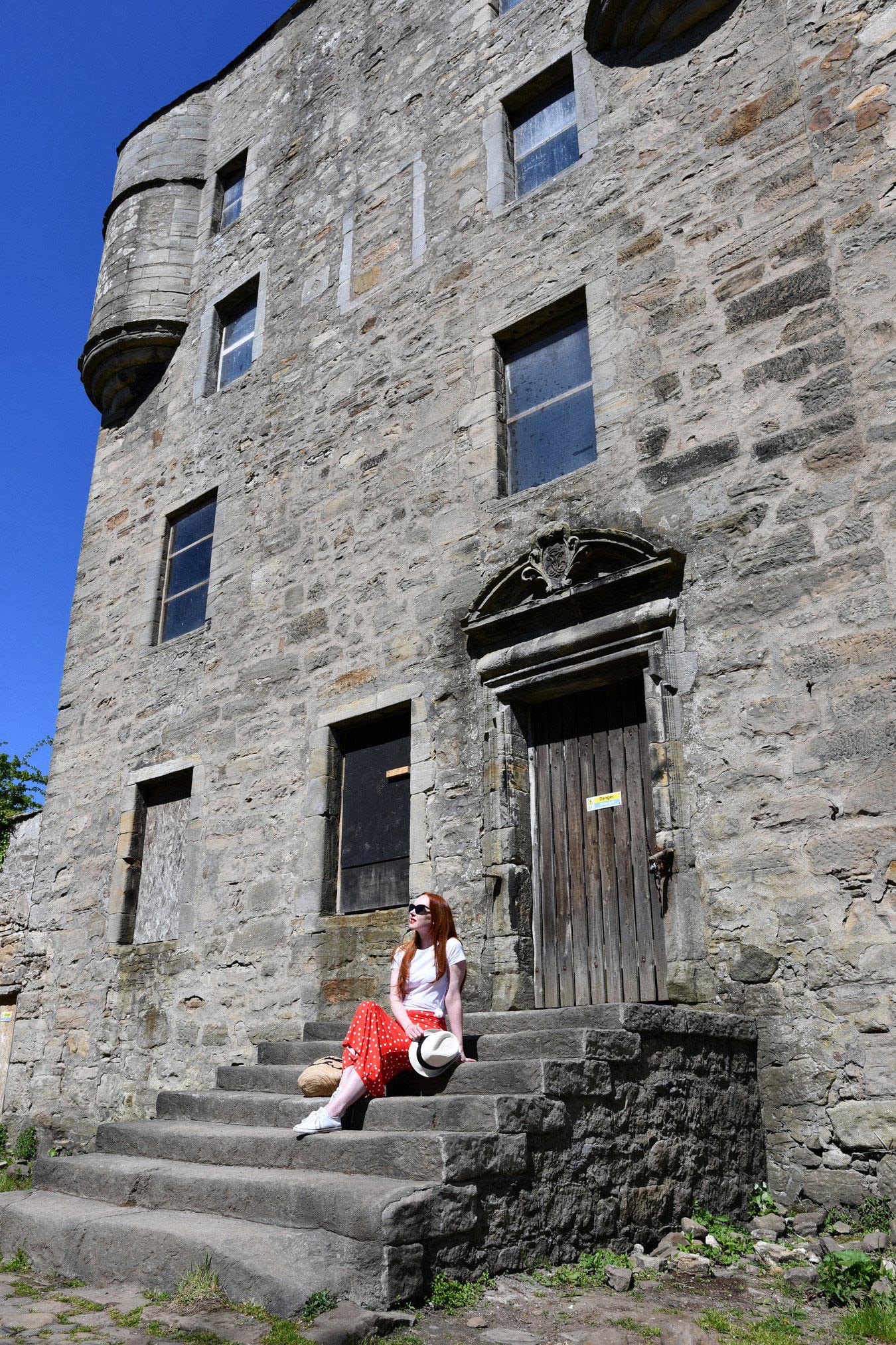 On the Steps at Lallybroch - a.k.a Midhope Castle - an Outlander filming location in Scotland