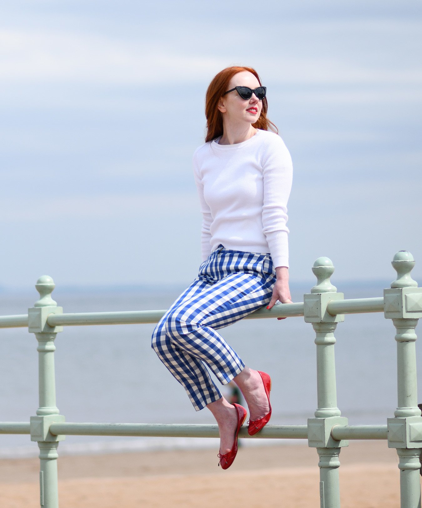 Boden gingham capri pants with white sweater and red ballet flats