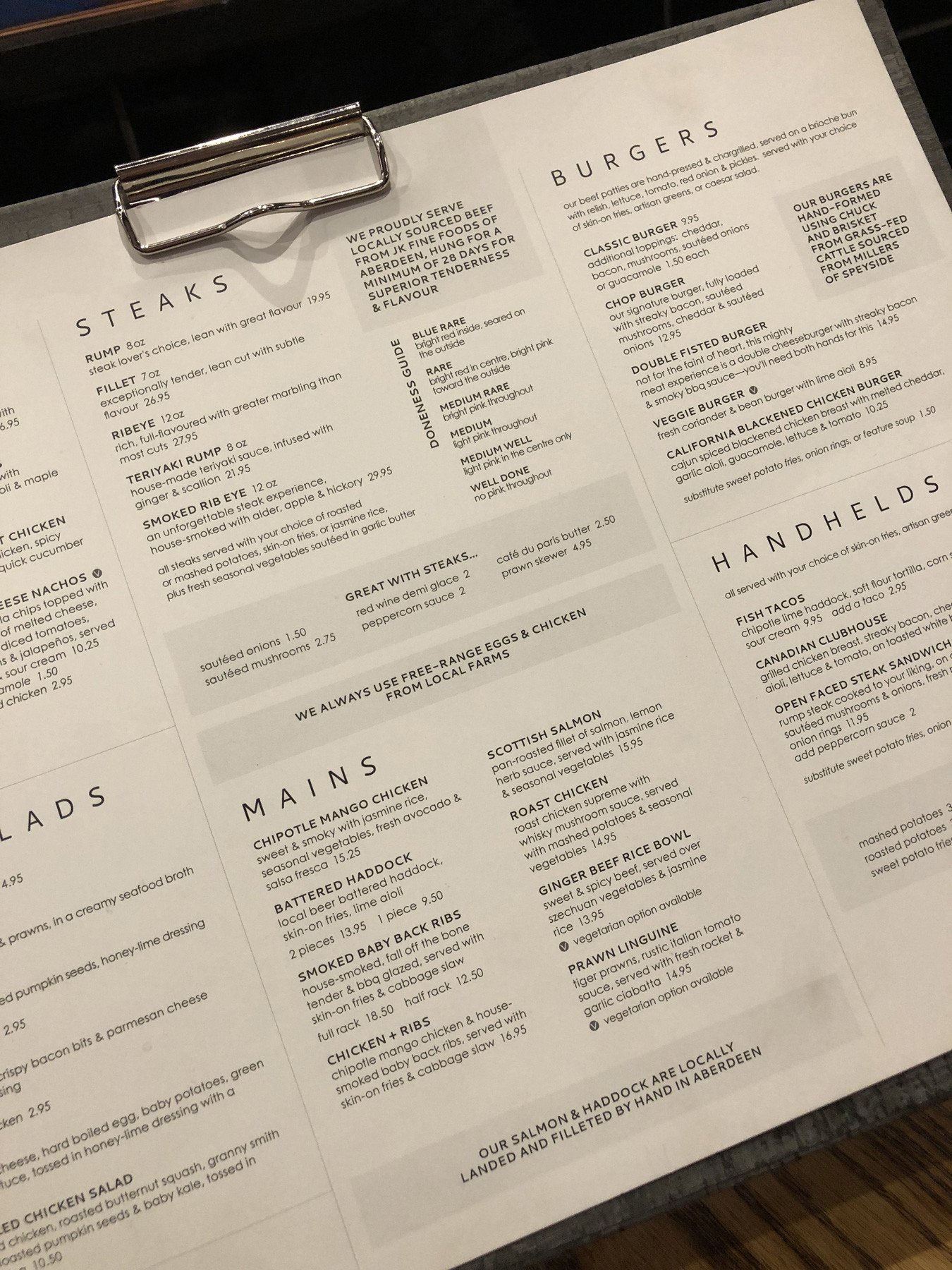 The menu at The Sandman Signature, Aberdeen