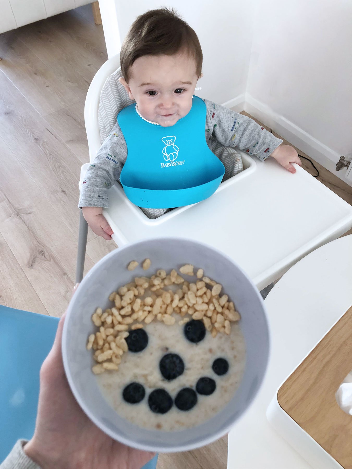 breakfast ideas for a 9-month-old baby: porridge and blueberries