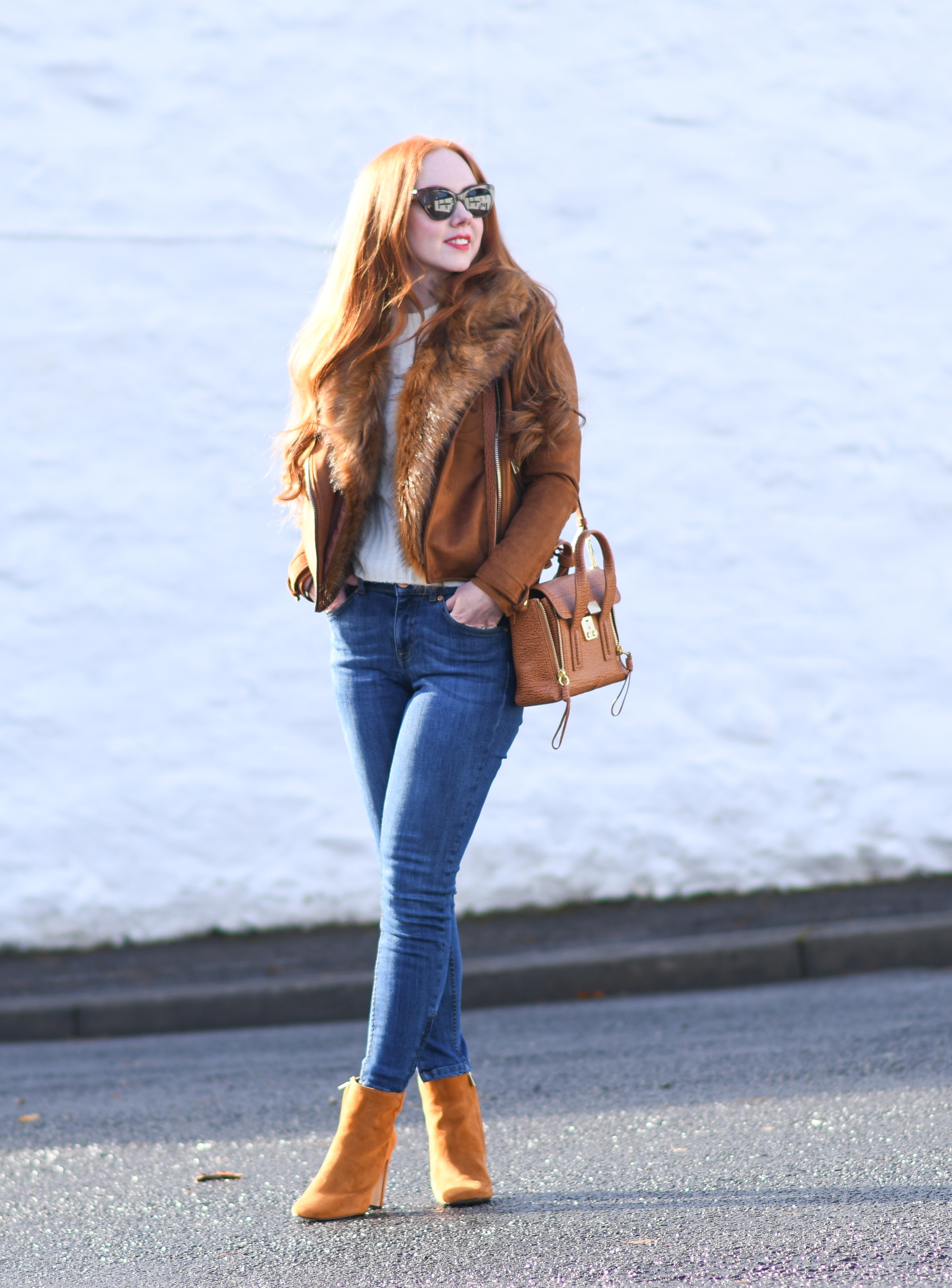 tan suede biker jacket with blue jeans: autumn outfit inspo