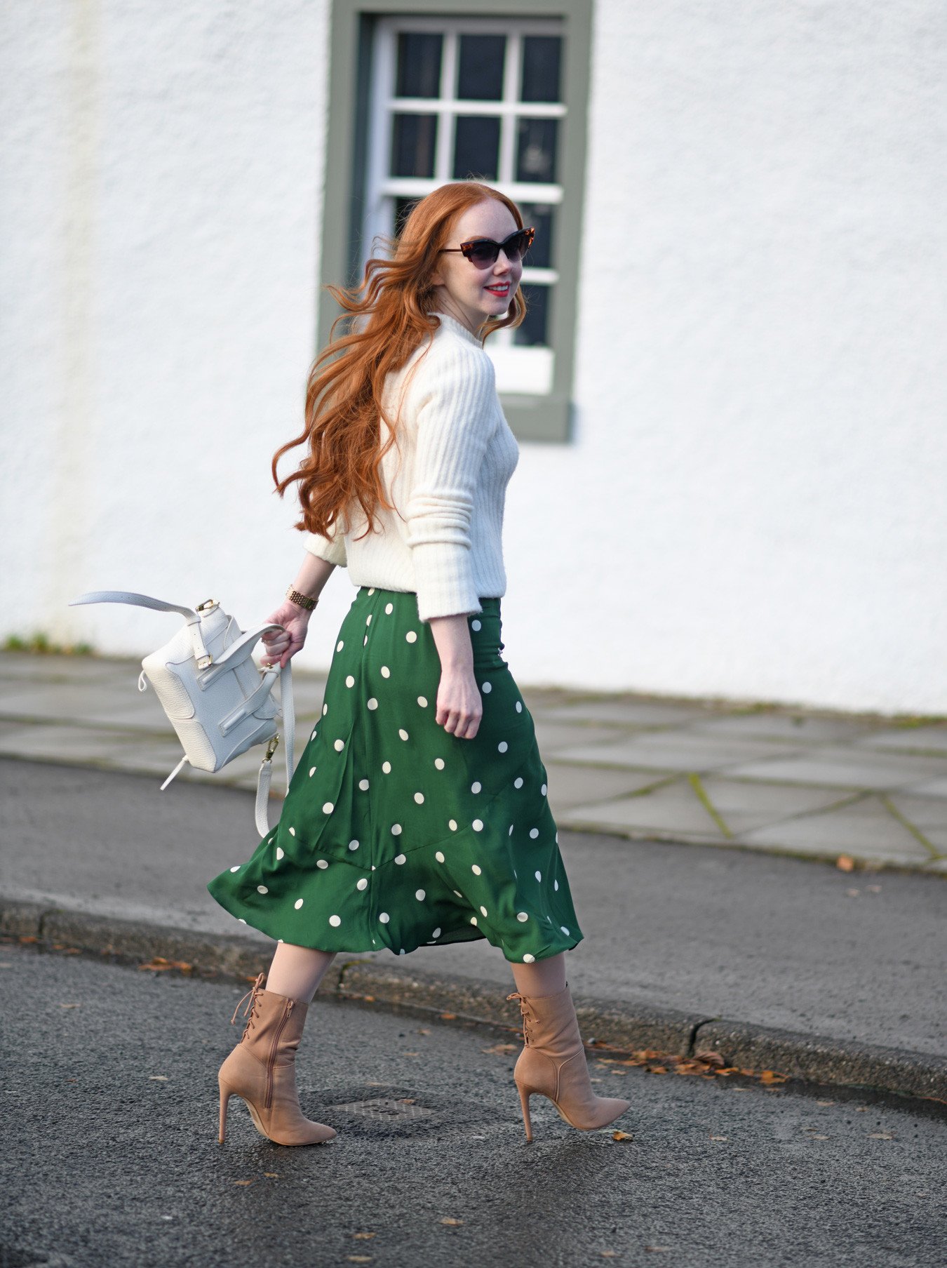 green and white polka dot midi skirt