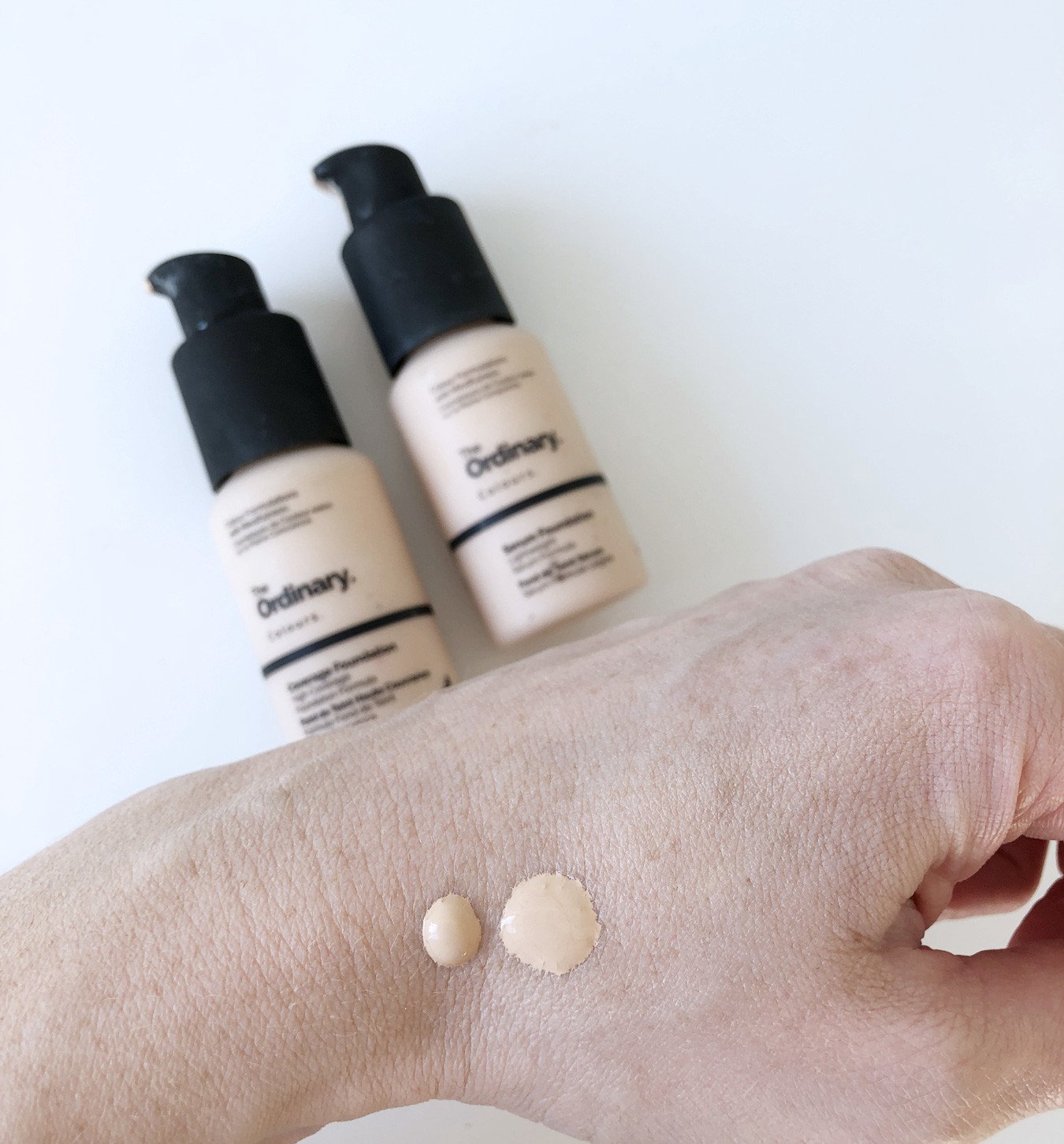 The Ordinary foundation swatches: Coverage and Serum foundation in 1.0N Very Fair