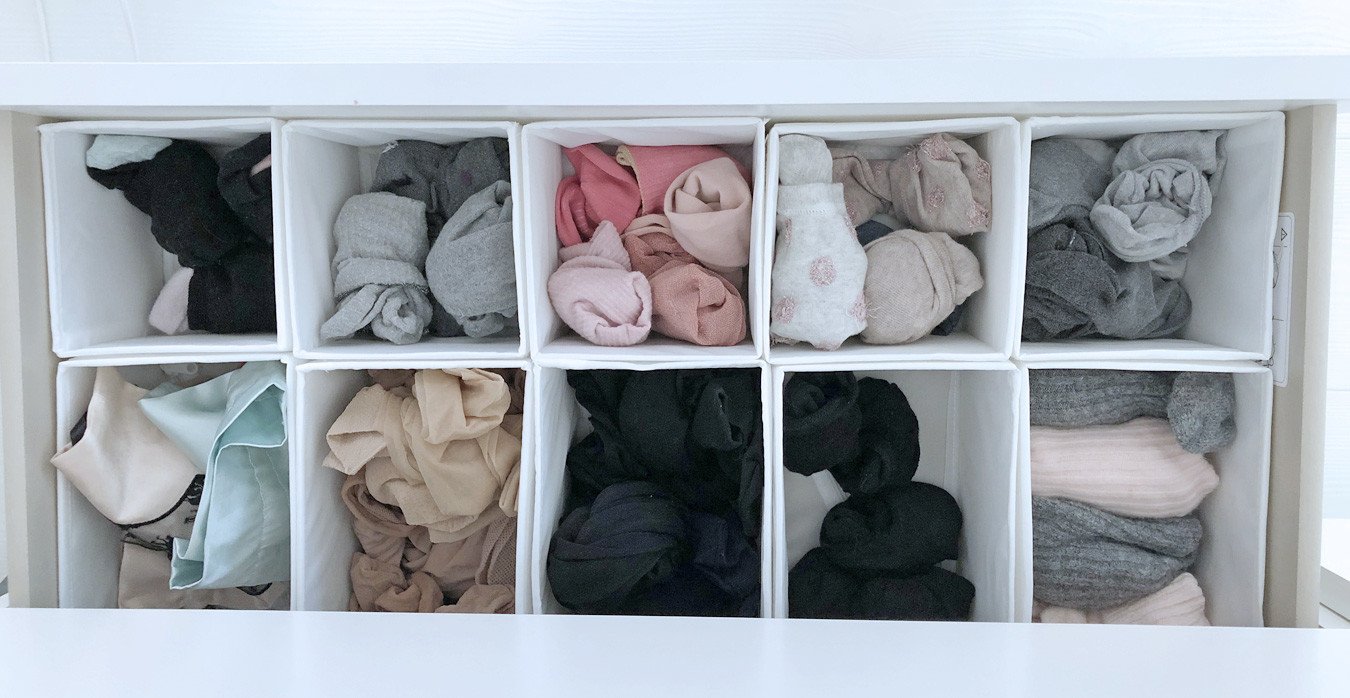 organised sock drawer using IKEA SKUBB box