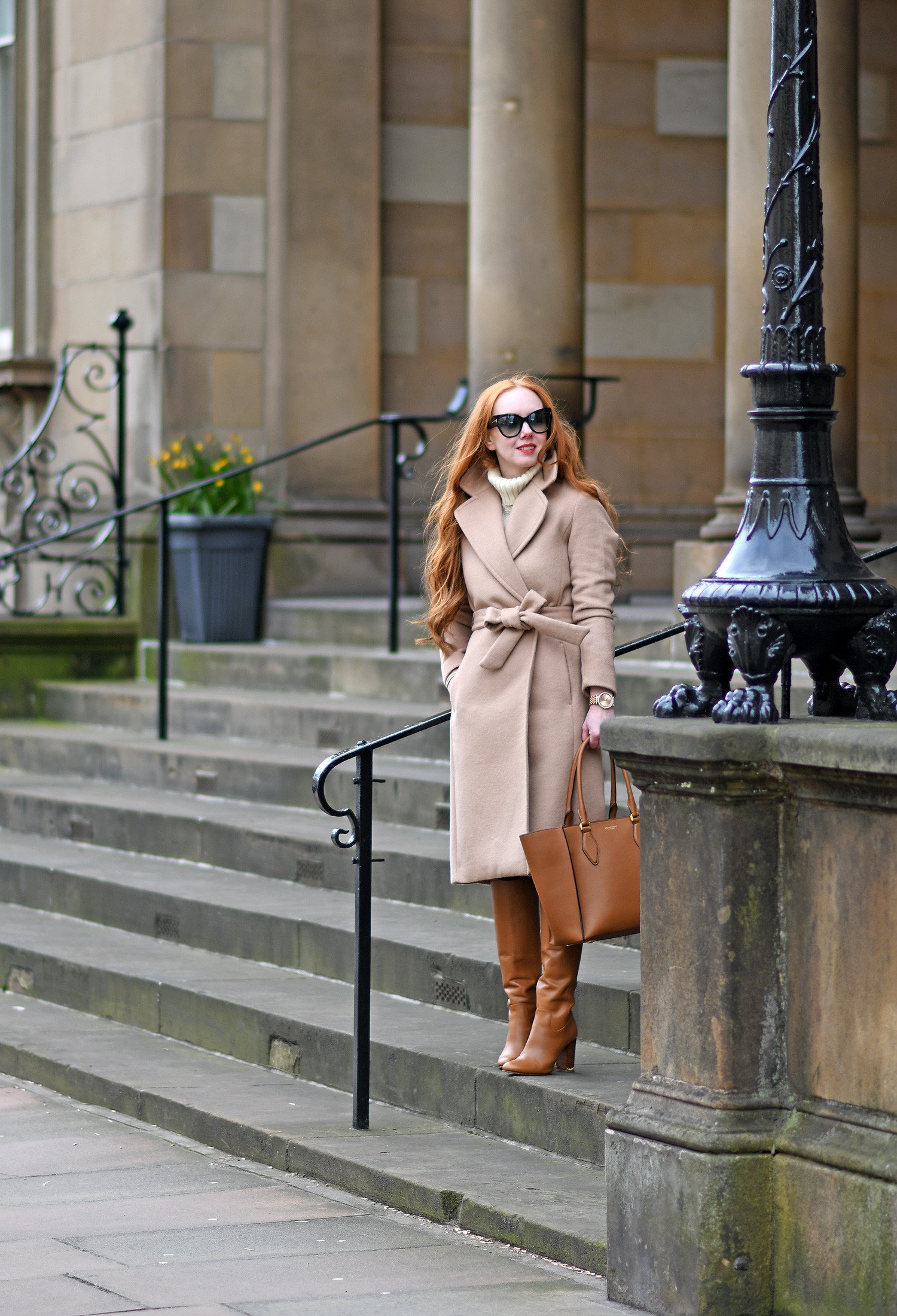 camel coat with tan leather boots