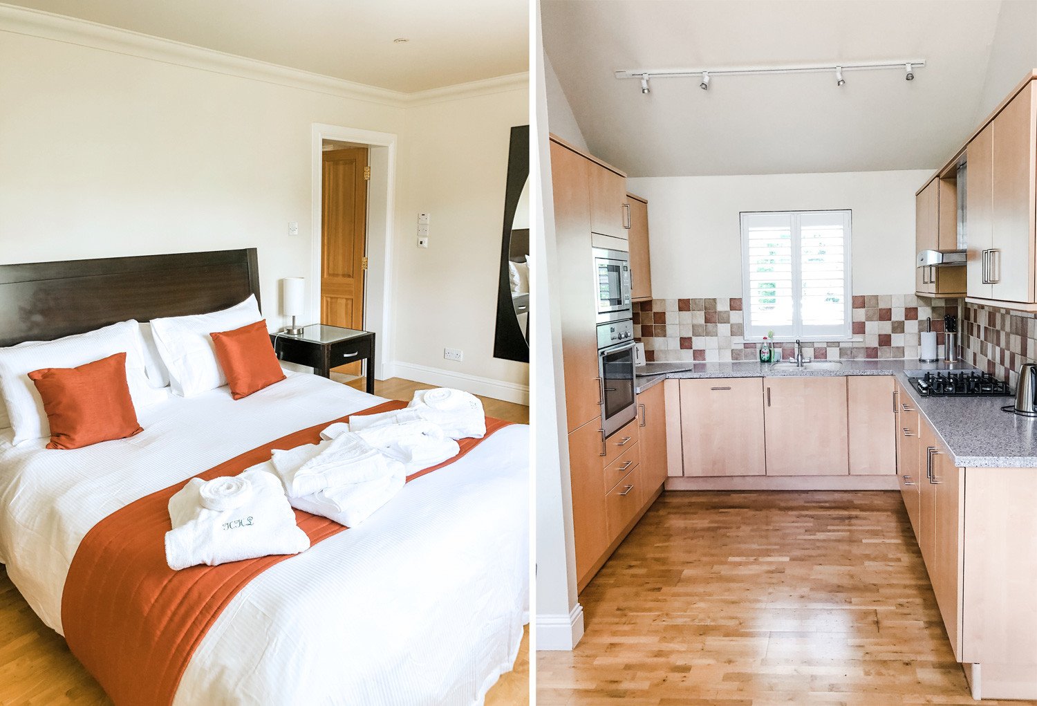 bedroom and kitchen at Highland Heather Lodges