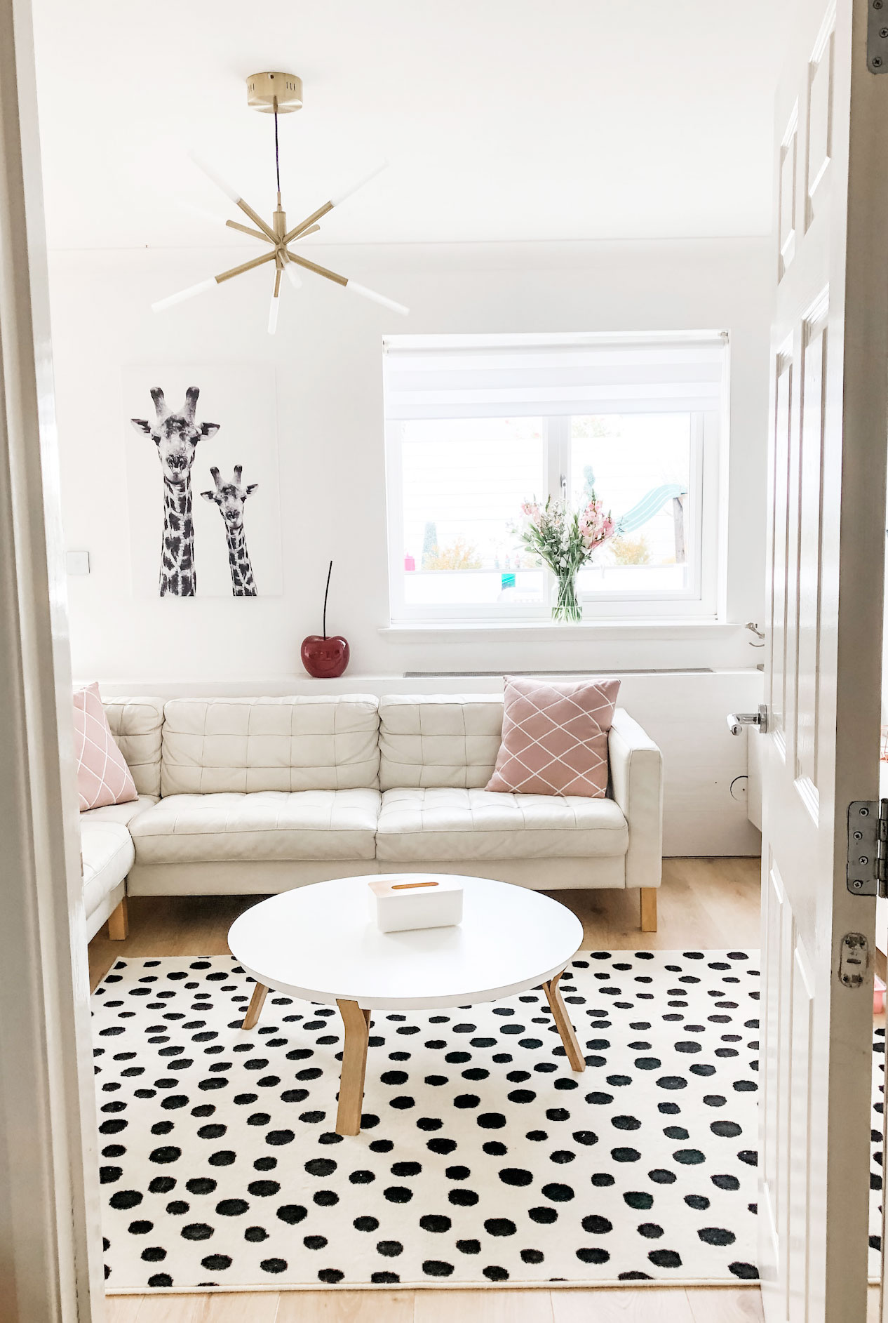 polka dot rug in contemporary living room
