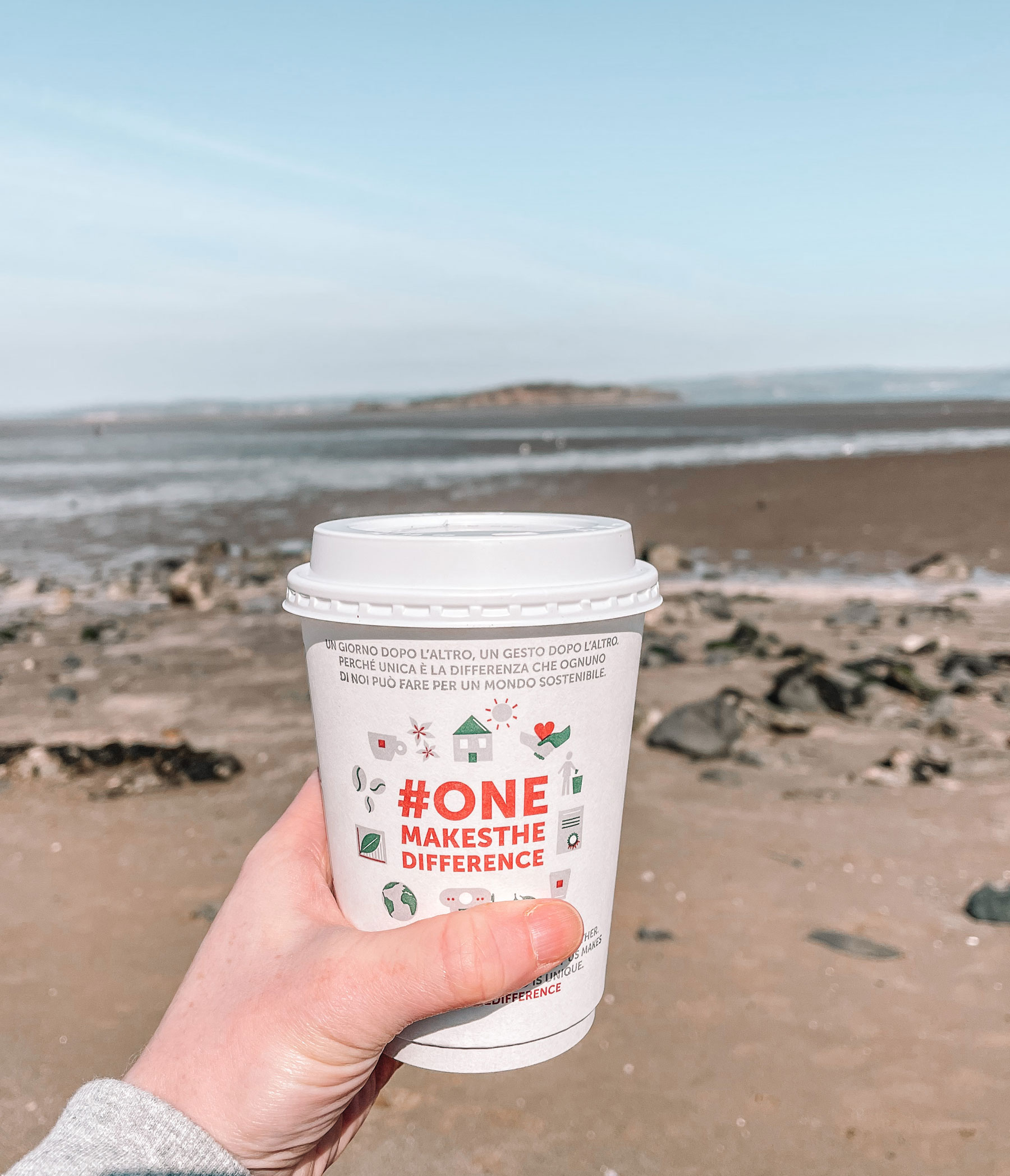takeaway coffee on the beach at Cramond
