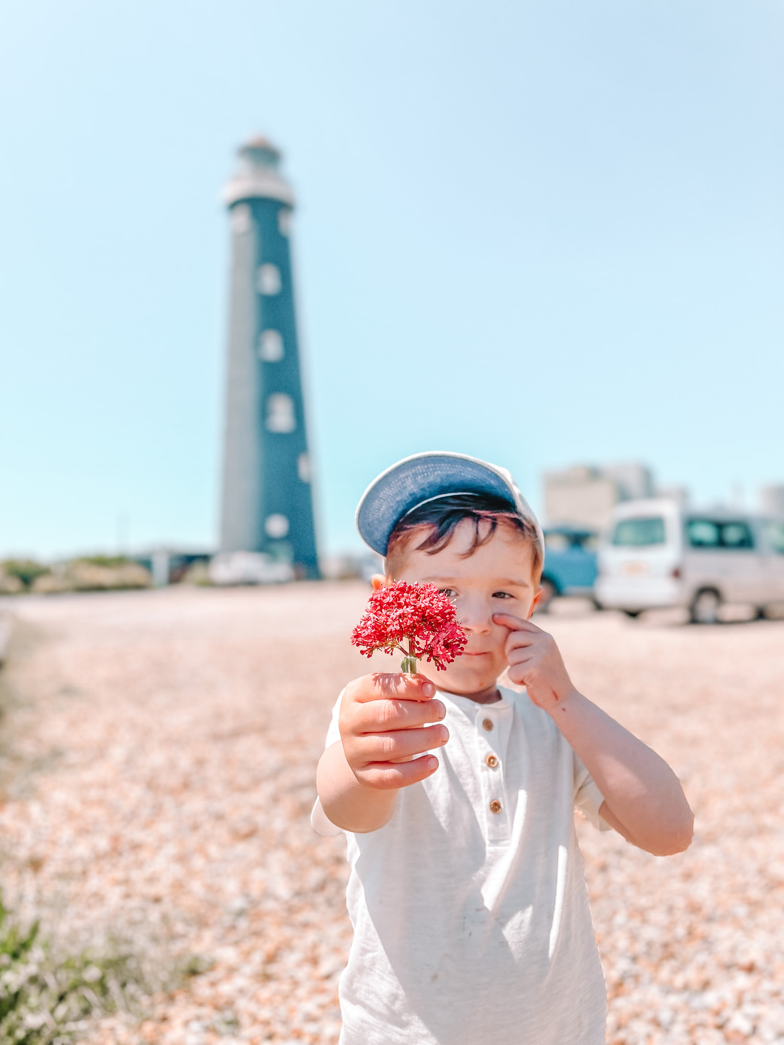 Max in front of Dungeness lighthouse