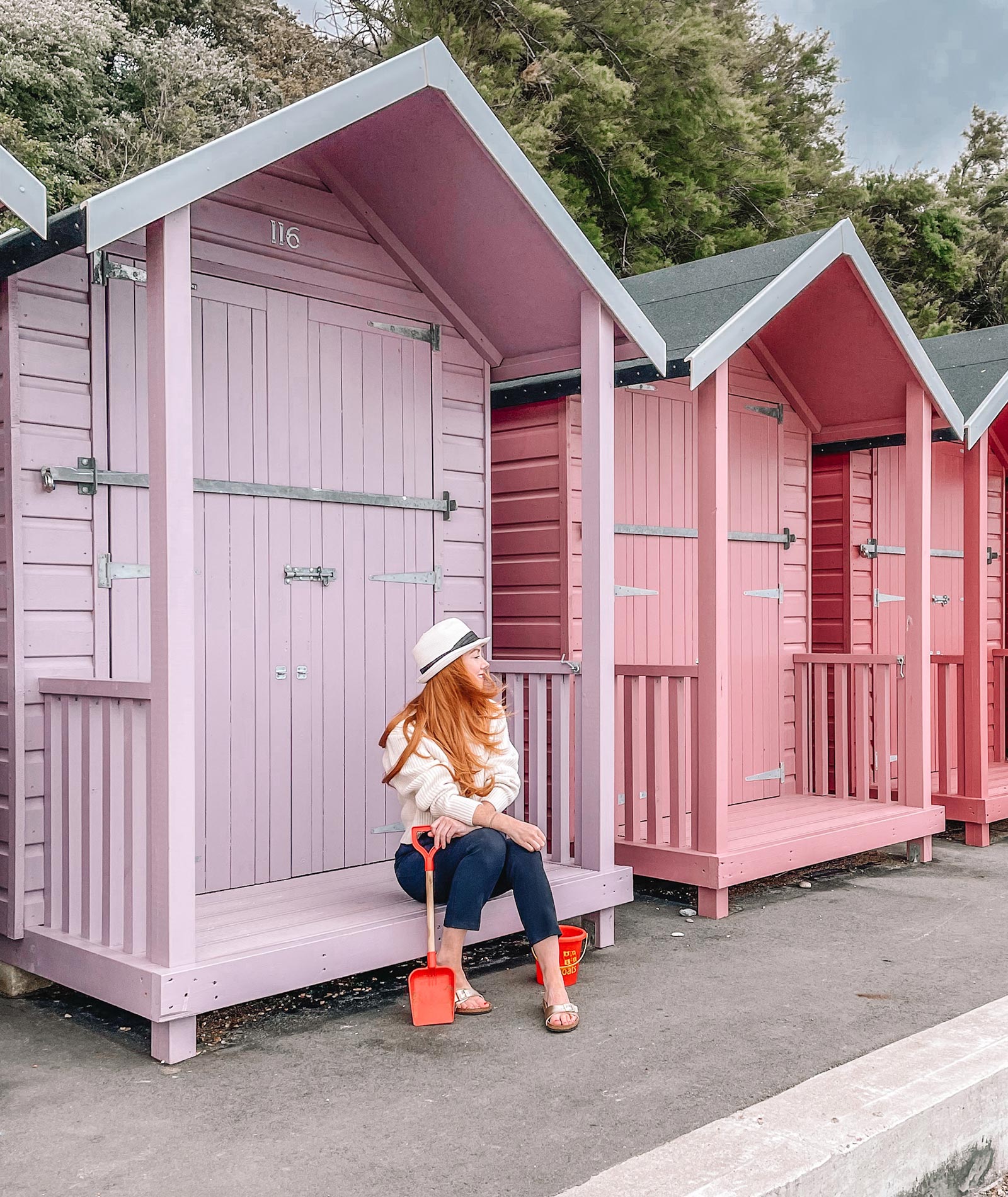 pink beach huts in Folkestone, Kent