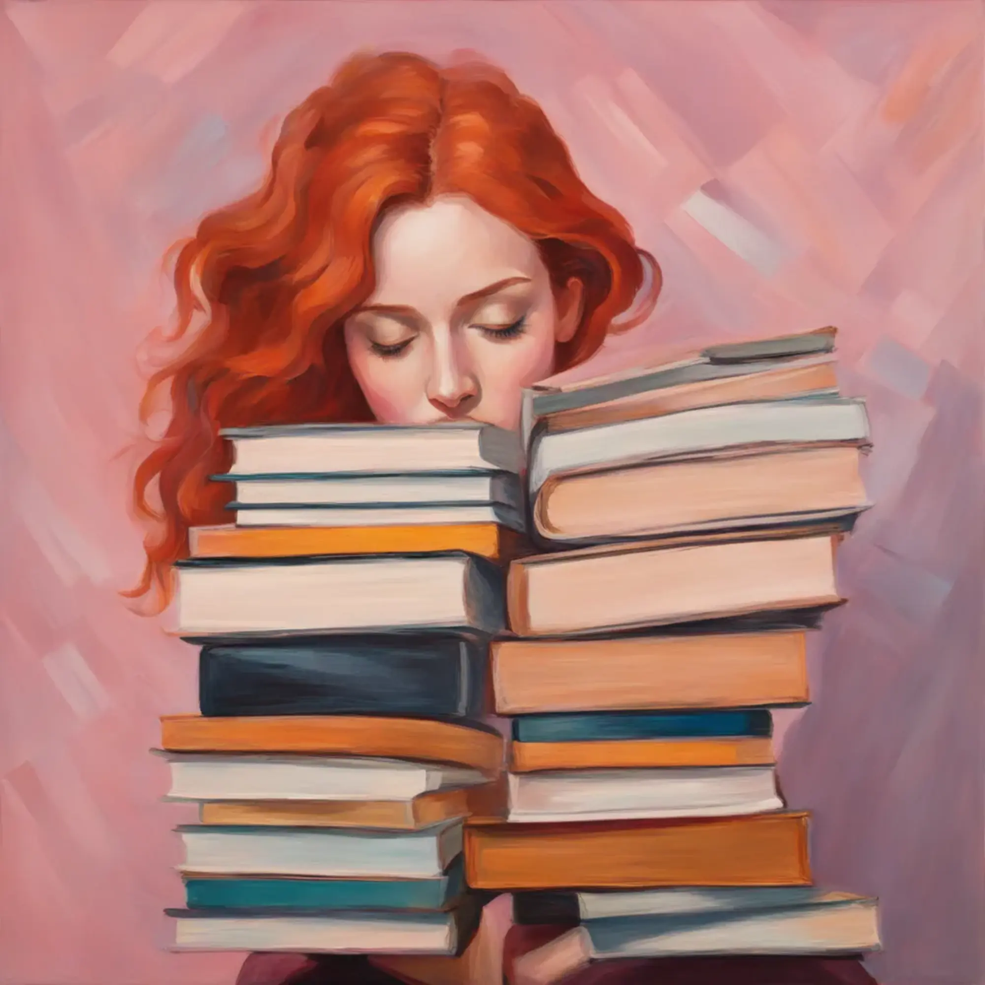 redhaired woman holding a pile of books